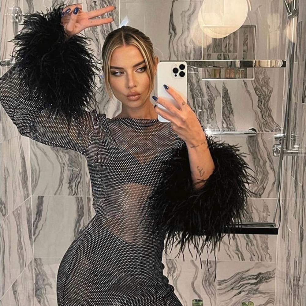Elegant Black Feather Sleeve Dress